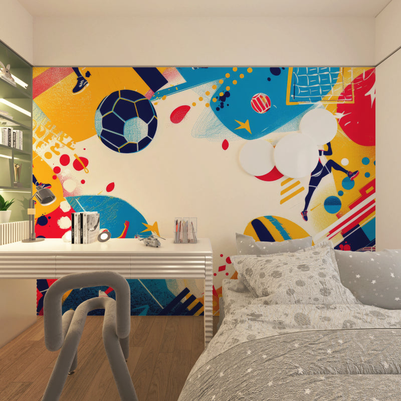 Sports wallpaper transforming playroom with vibrant football design