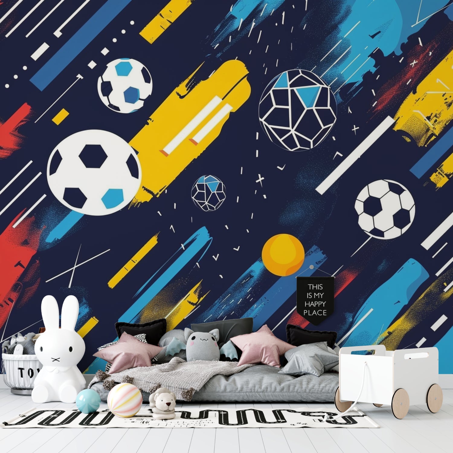 Soccer themed wall mural displayed in contemporary game room with gaming setup
