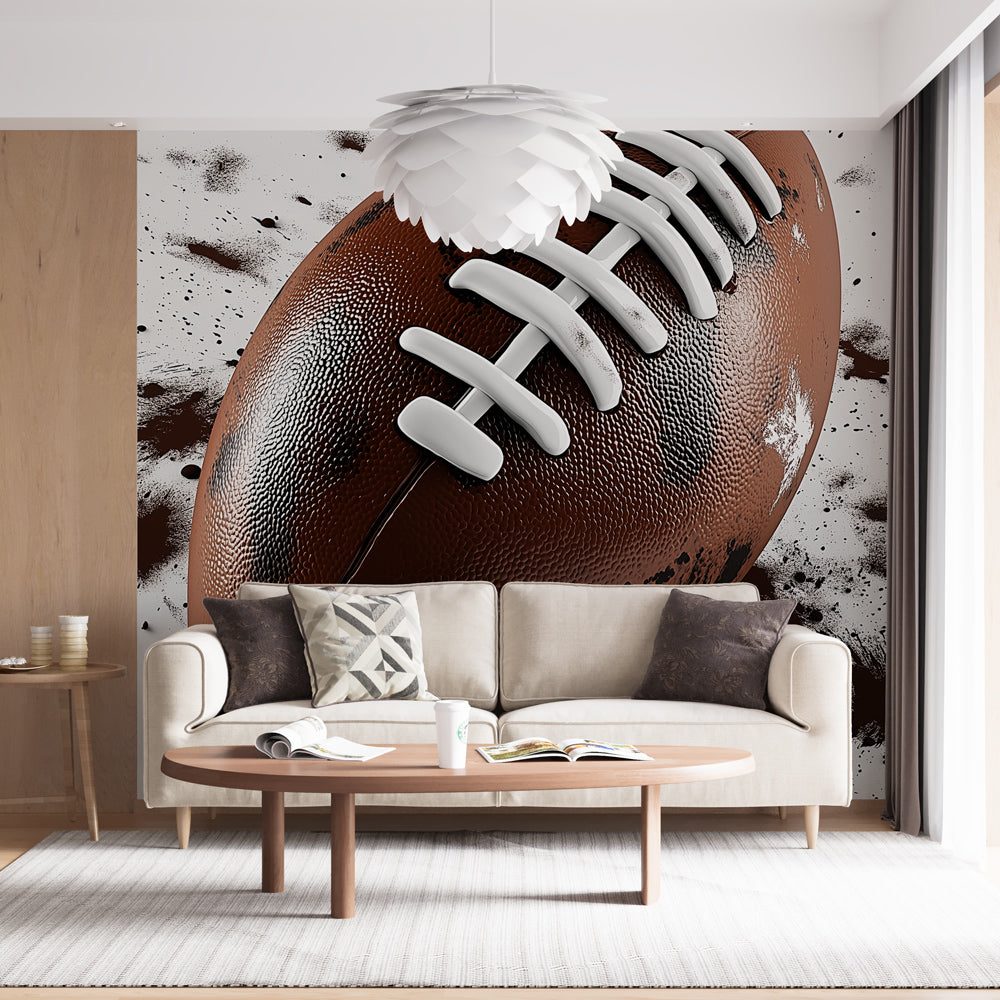 Football mural wallpaper creating a bold statement in a modern game room, showing dynamic splash effect against light walls