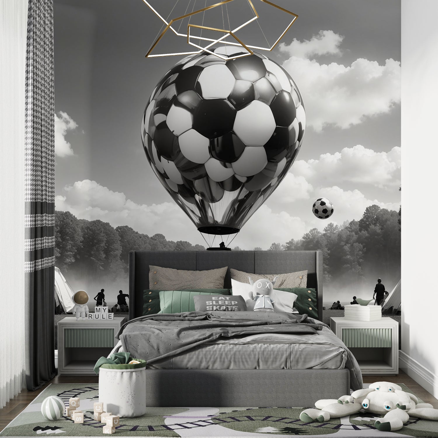 Football balloon wallpaper in modern teen bedroom showing black and white design with dramatic lighting