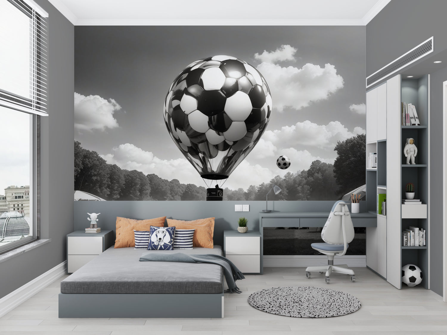 Sports themed wall mural in game room showing scale of football balloon design