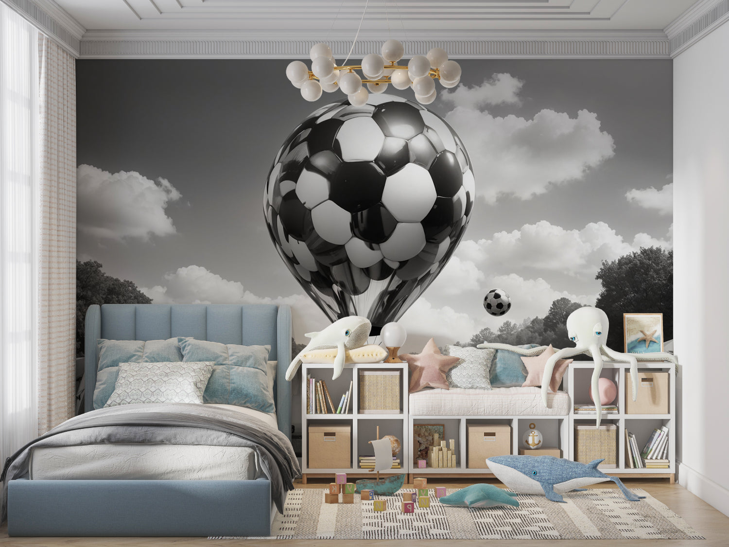 Football wall design installed in home office highlighting monochrome aesthetic