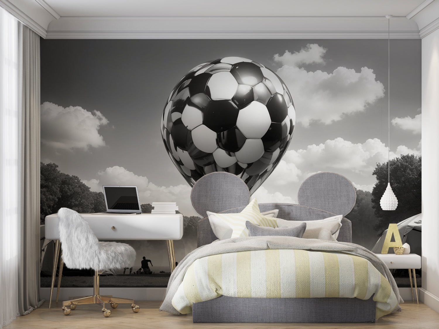 Modern football decor in playroom showing full wall installation