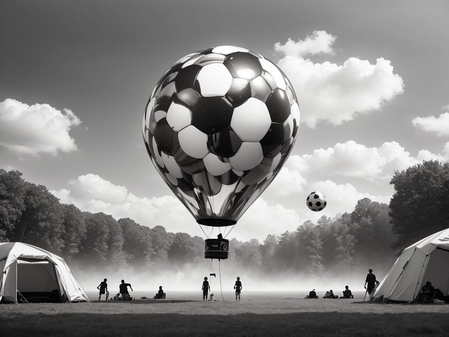 Design file of black and white football hot air balloon pattern with misty sky background