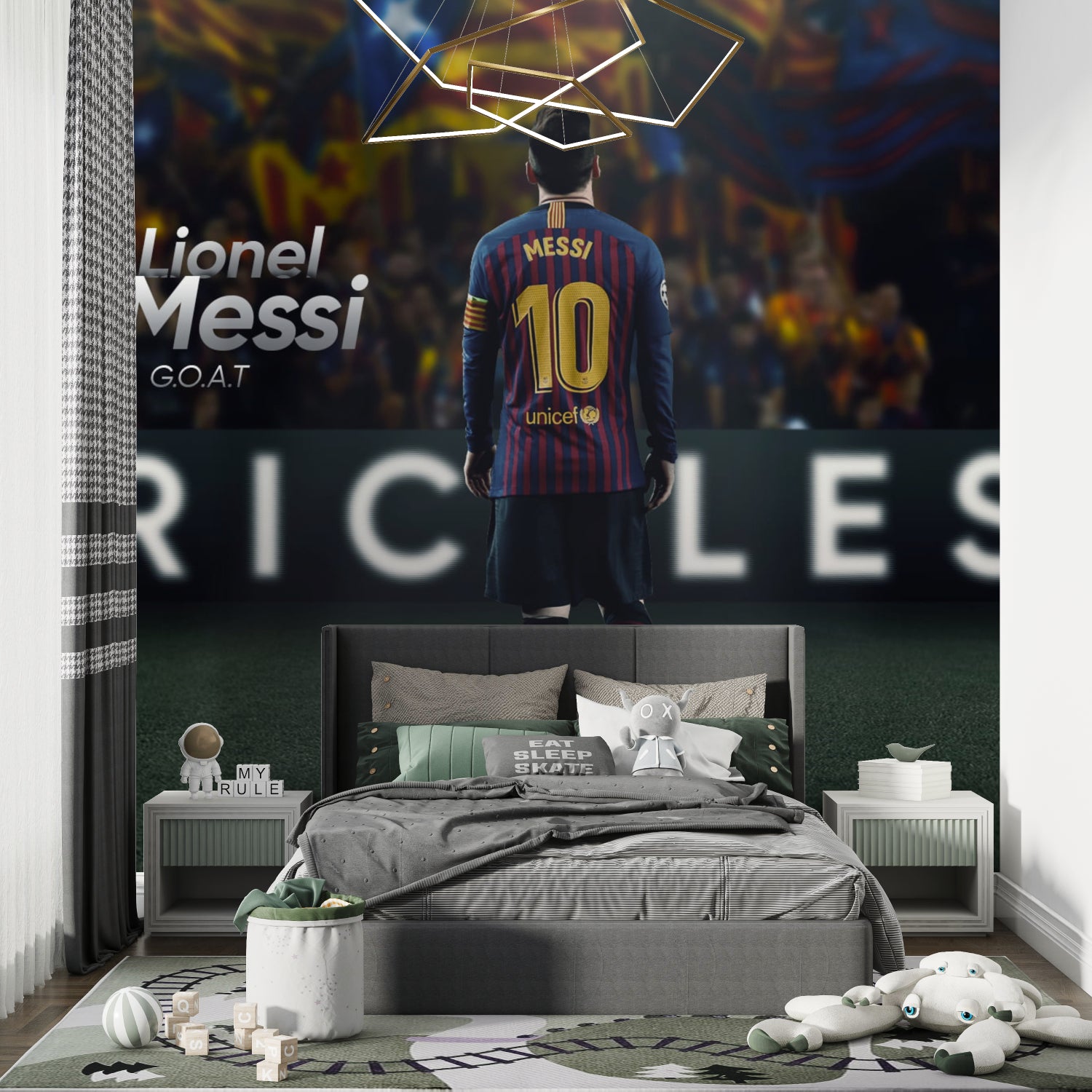 Soccer stadium mural creating depth in a gaming room with stadium lights and crowd details