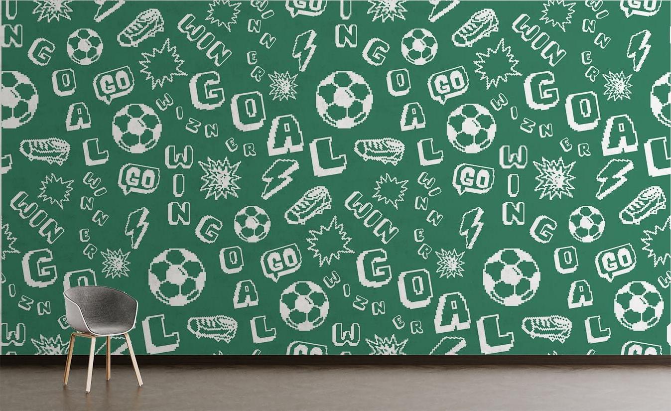 Retro gaming football wallpaper installed in game room with arcade machines and sports memorabilia