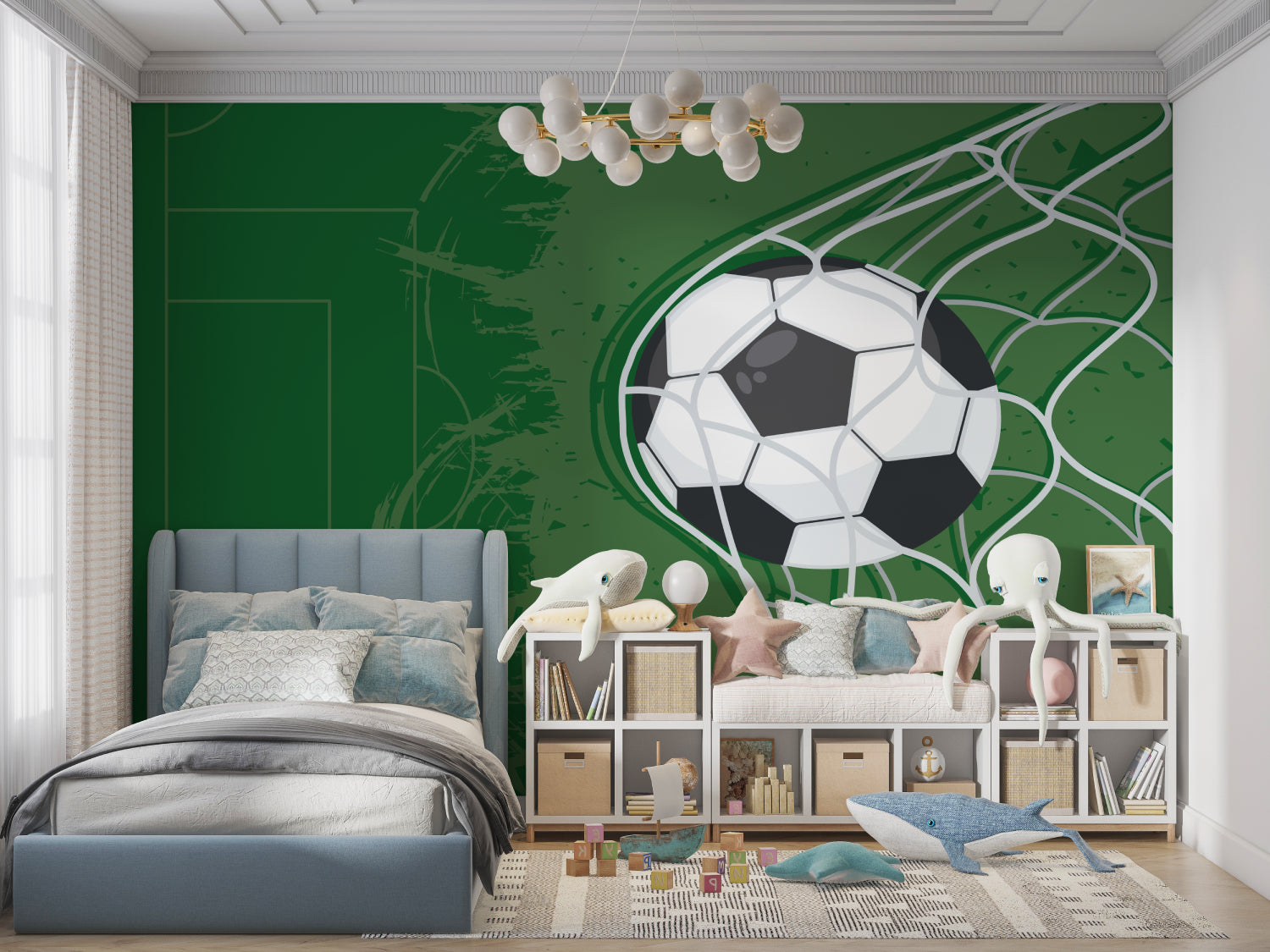 Football wall mural displayed in family playroom, showing dynamic goal scene