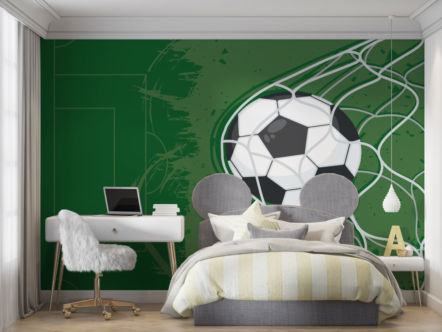 Soccer themed wallpaper in teen gaming room with gaming setup