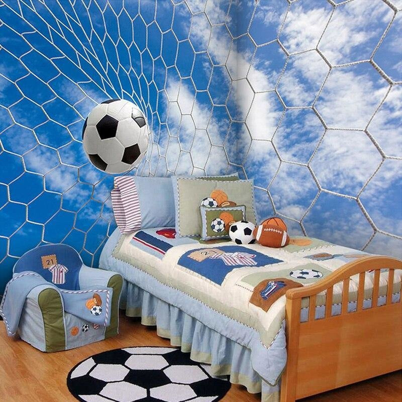 Soccer goal net wallpaper displayed in modern game room, showing dynamic sports theme with natural lighting