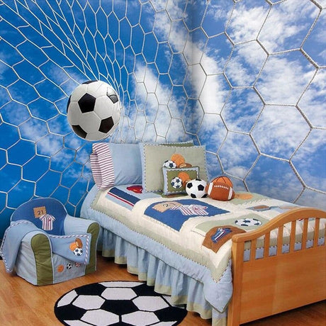 Soccer goal net wallpaper displayed in modern game room, showing dynamic sports theme with natural lighting