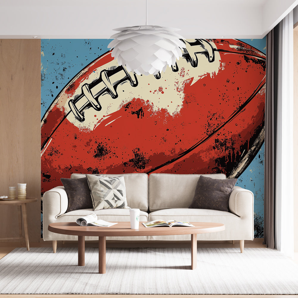 Football mural wallpaper displayed in a modern game room, showing vintage sport design with red and blue tones