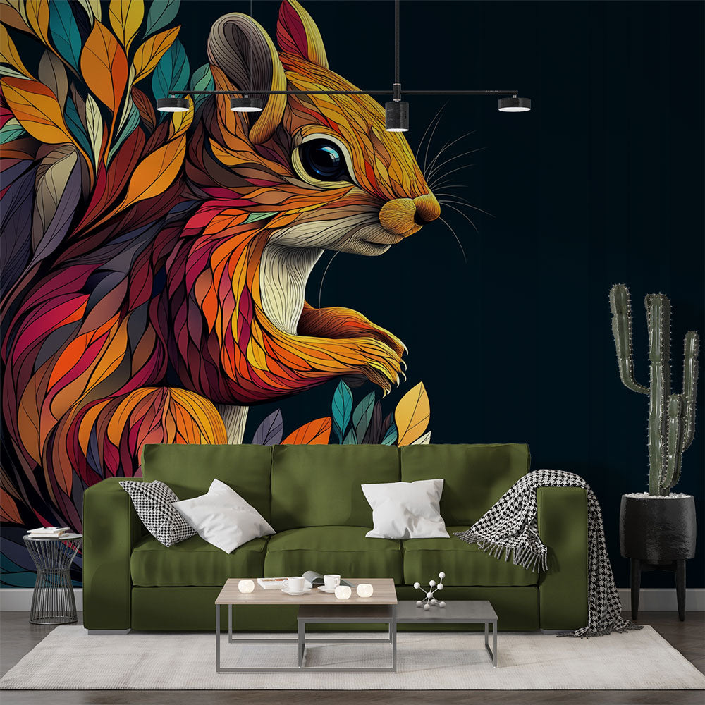 Geometric Squirrel Wallpaper showcasing autumn colors in a modern living room with grey sofa and natural light
