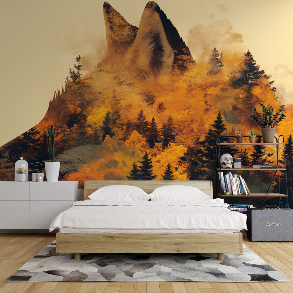 Forest Animal Wallpaper creating a cozy atmosphere in a modern living room, fox double exposure design with autumn colors
