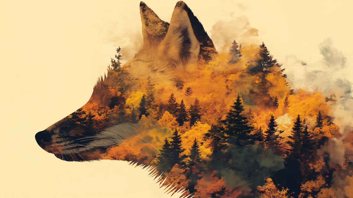 Fox Forest Animal Wallpaper design file showing detailed double exposure pattern with autumn woodland scene