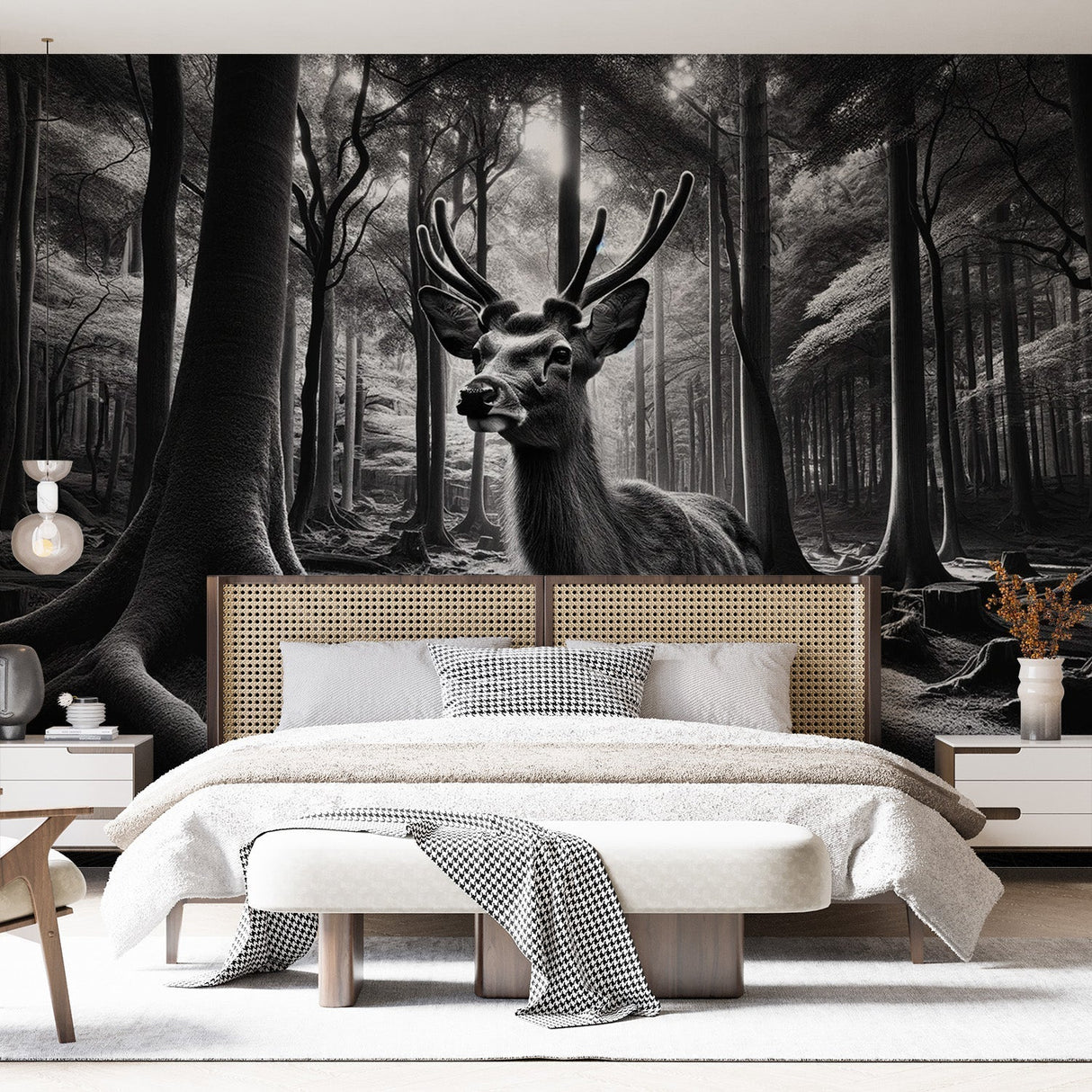 Black and white forest deer wallpaper creating depth in a modern living room with minimal furniture