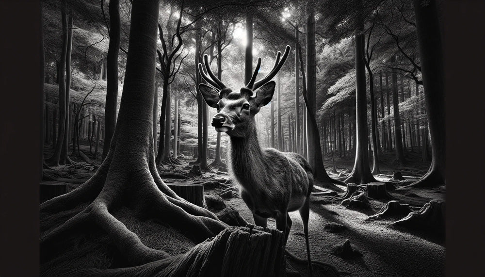 Forest deer wallpaper design file showing detailed black and white deer portrait with misty woods