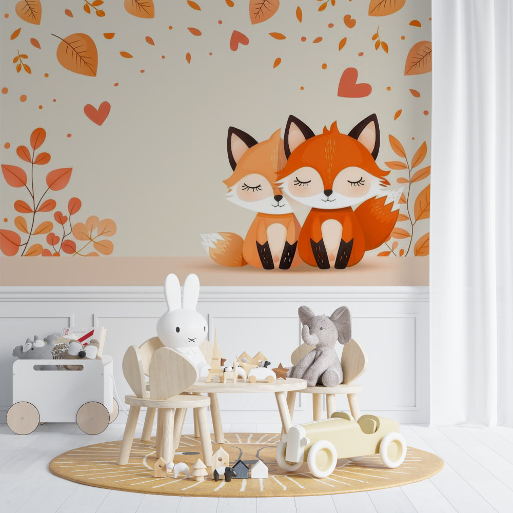 Fox family wallpaper creating a cozy atmosphere in a modern nursery with white furniture