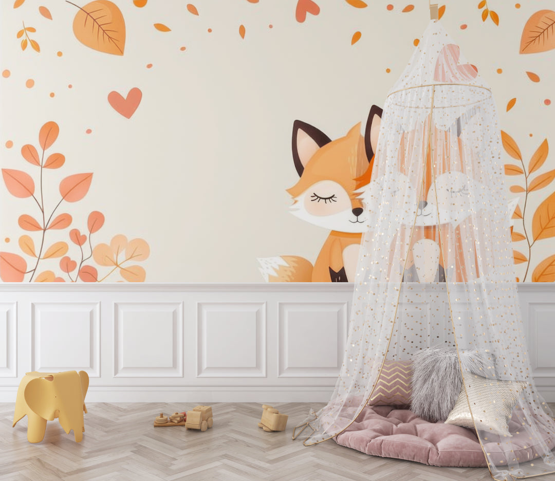 Woodland fox wallpaper in a baby room with neutral decor