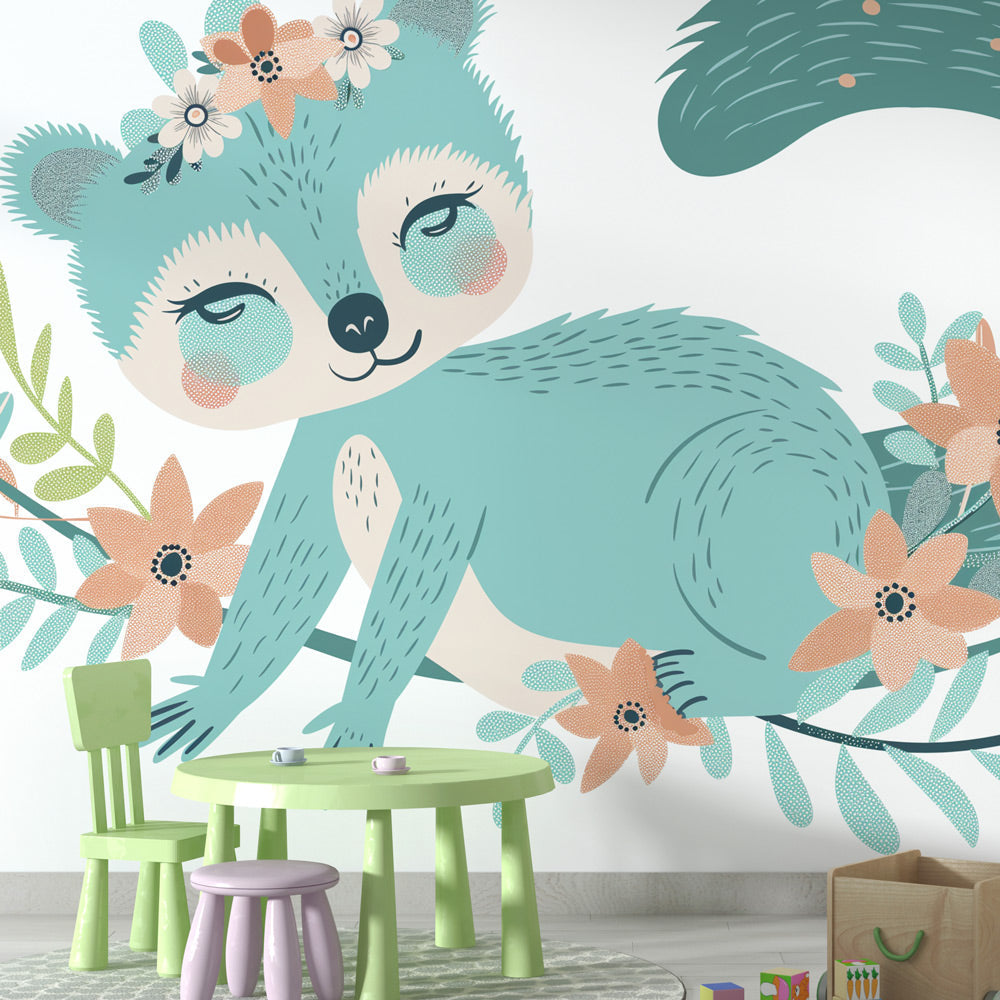 Forest animal wallpaper with cute lemur in a bright nursery setting, creating a peaceful woodland atmosphere