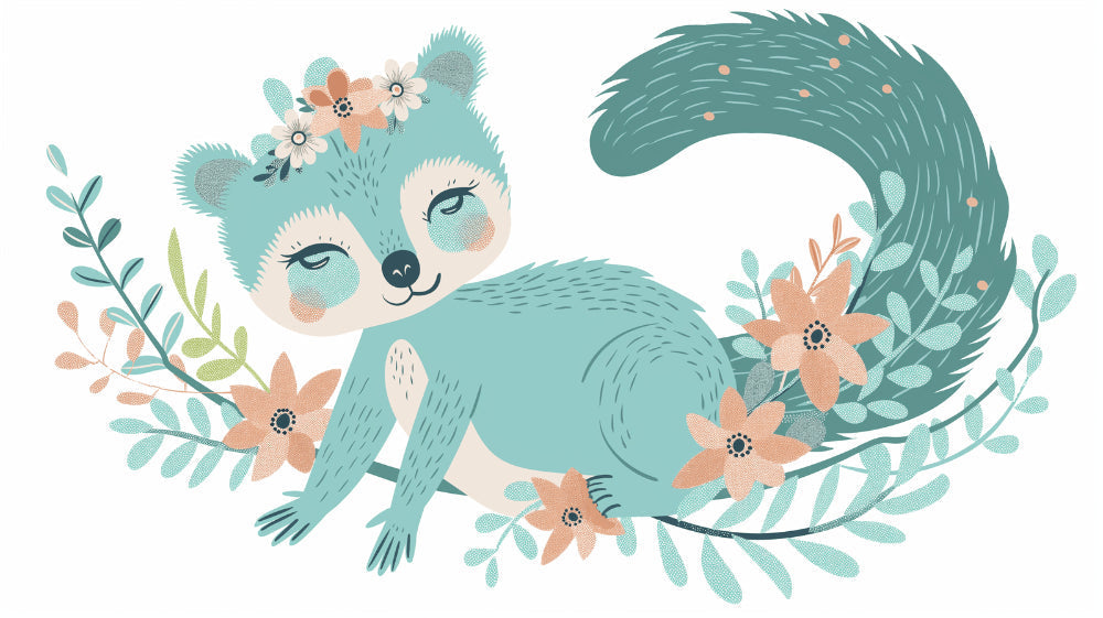 Cute lemur wallpaper design file with turquoise and coral floral pattern