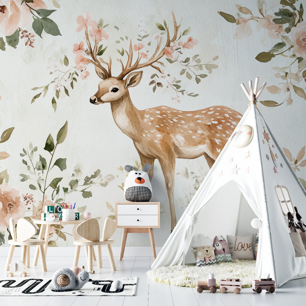 Forest deer wallpaper in cozy nursery with white crib and pink accessories