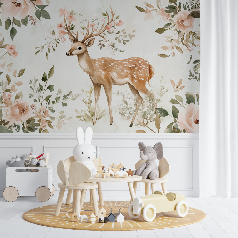 Woodland deer mural in girl's bedroom with floral accents