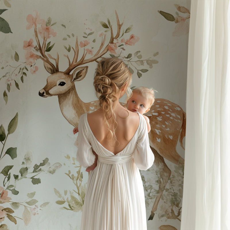 Pink floral deer wallpaper in modern playroom setting