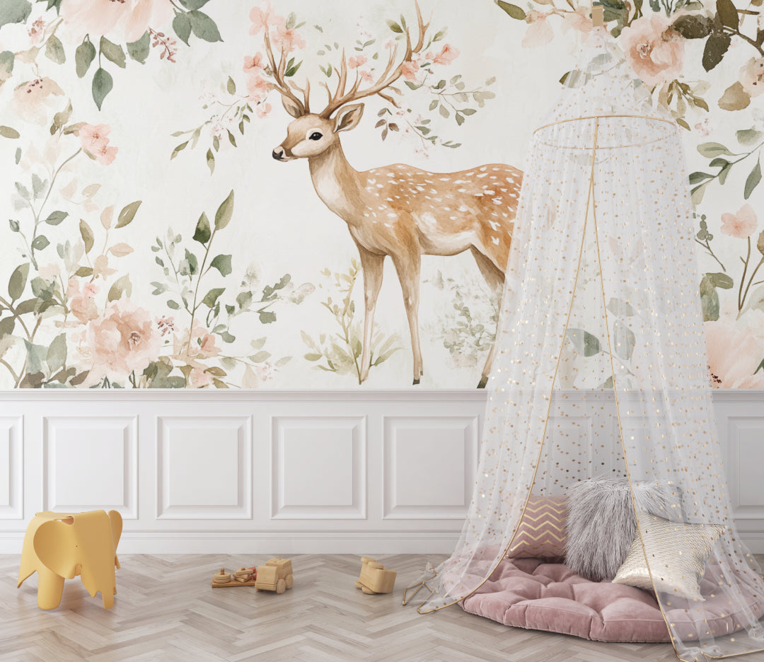 Forest animal wallpaper creating gentle atmosphere in baby room