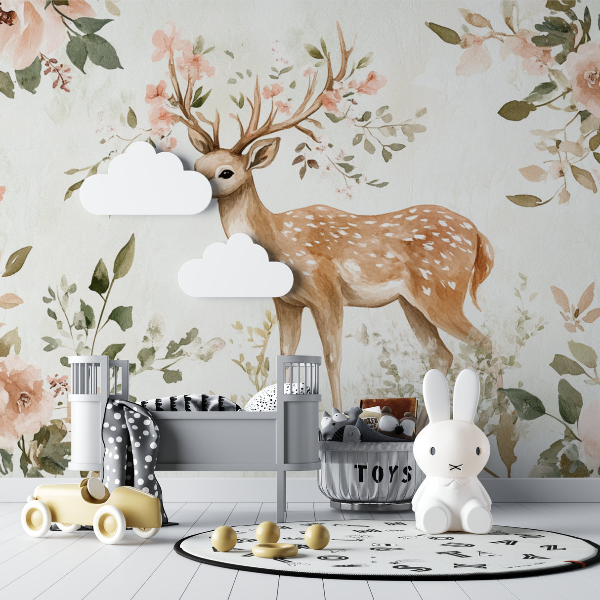 Deer wallpaper in reading nook with soft lighting