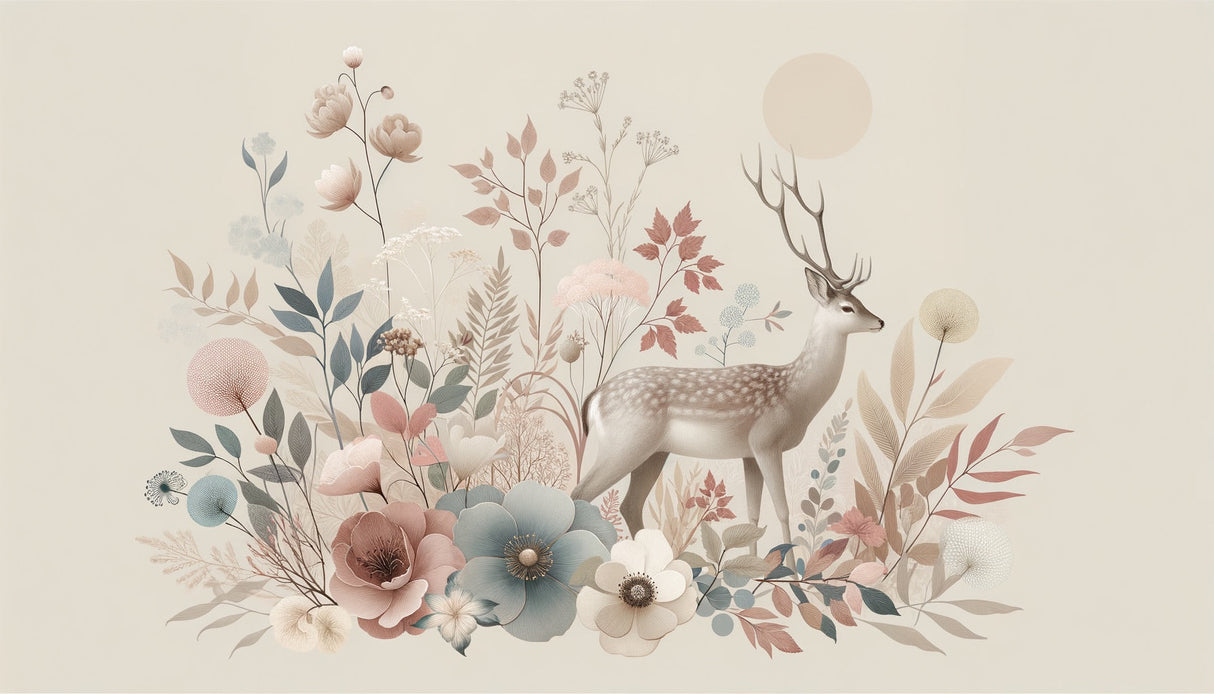 Forest deer wallpaper in cozy nursery with white furniture and natural light showing peaceful botanical design