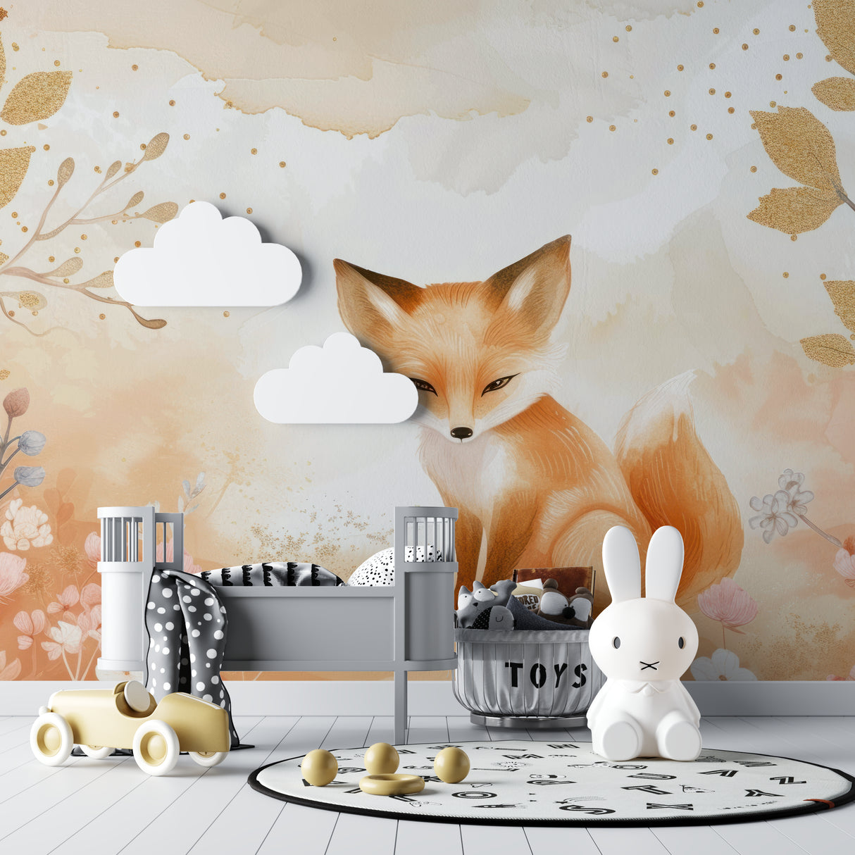 Fox nursery wallpaper in a cozy white nursery with wooden crib and golden accents