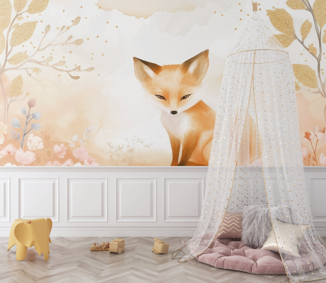 Magical fox wall mural creating a sweet reading nook in a child's bedroom