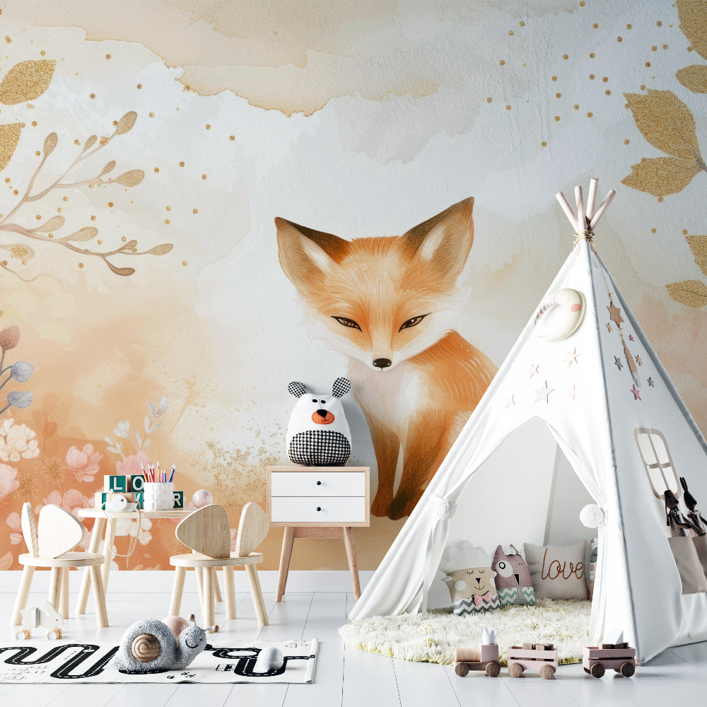 Fox wallpaper creating a dreamy atmosphere in a girl's bedroom