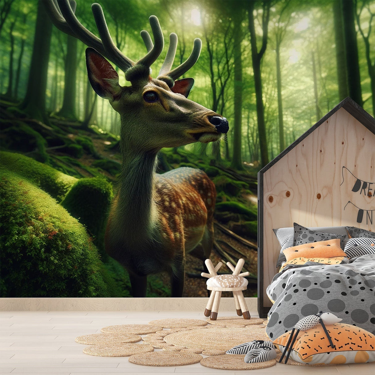 Forest deer wallpaper mural showcased in a modern living room, creating a peaceful nature-inspired focal wall