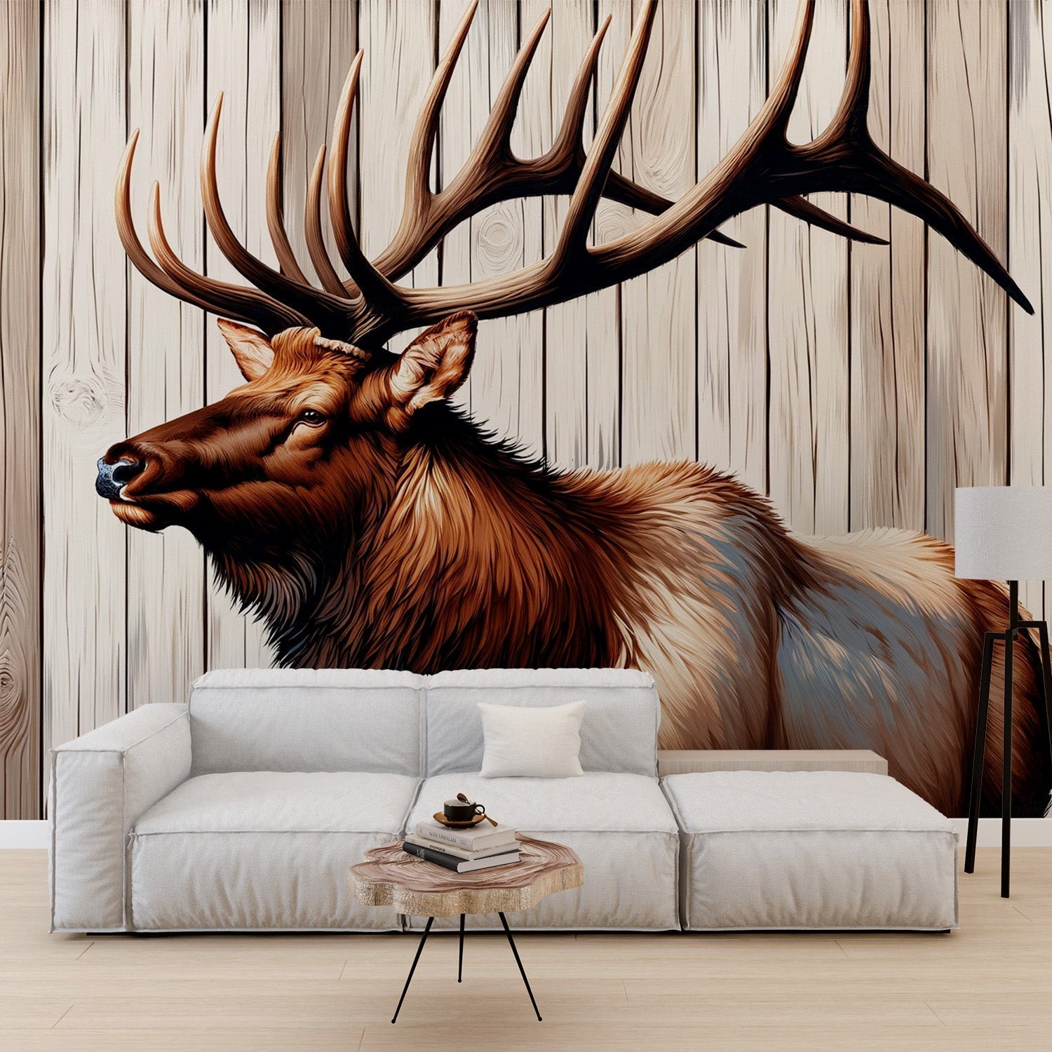 Forest animal wallpaper with majestic elk shown in a modern living room setting with natural light and minimal furniture