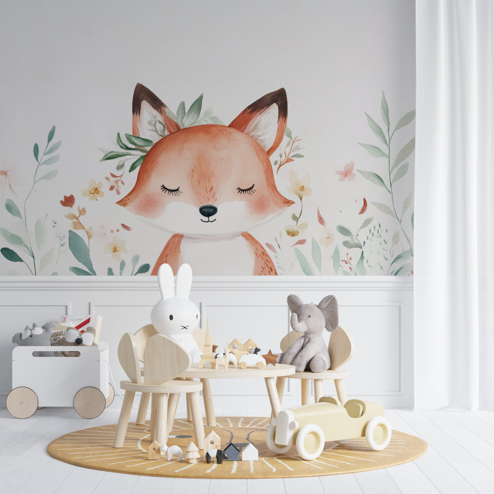 Forest animal wallpaper showing sleeping fox in cozy nursery with soft lighting and wooden furniture