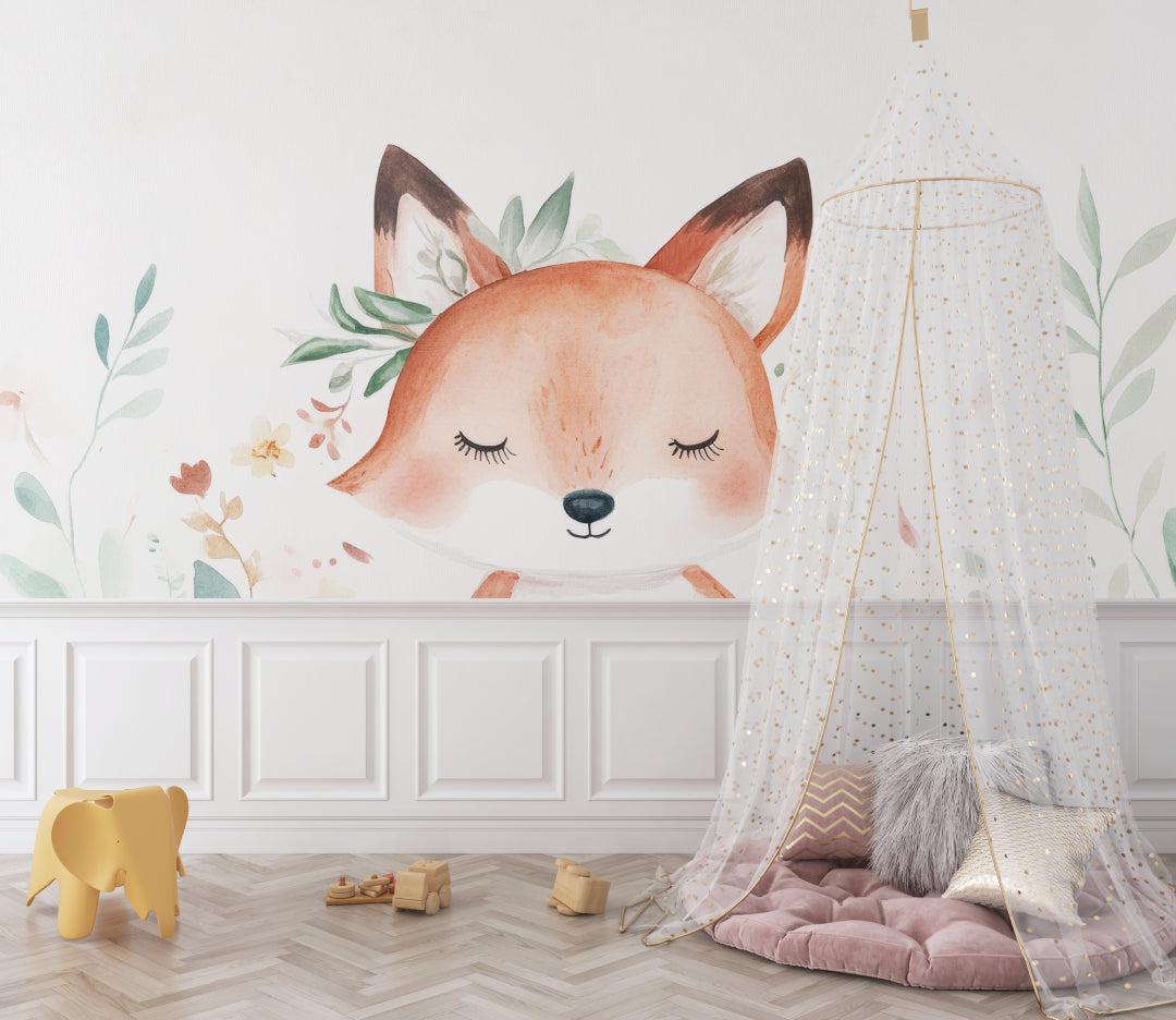 Woodland fox mural wallpaper in baby room with white crib and natural decor