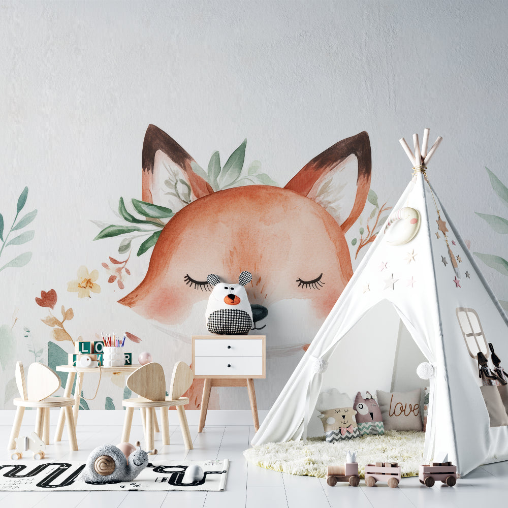 Sleeping fox wallpaper mural in reading nook with comfy chair and bookshelf