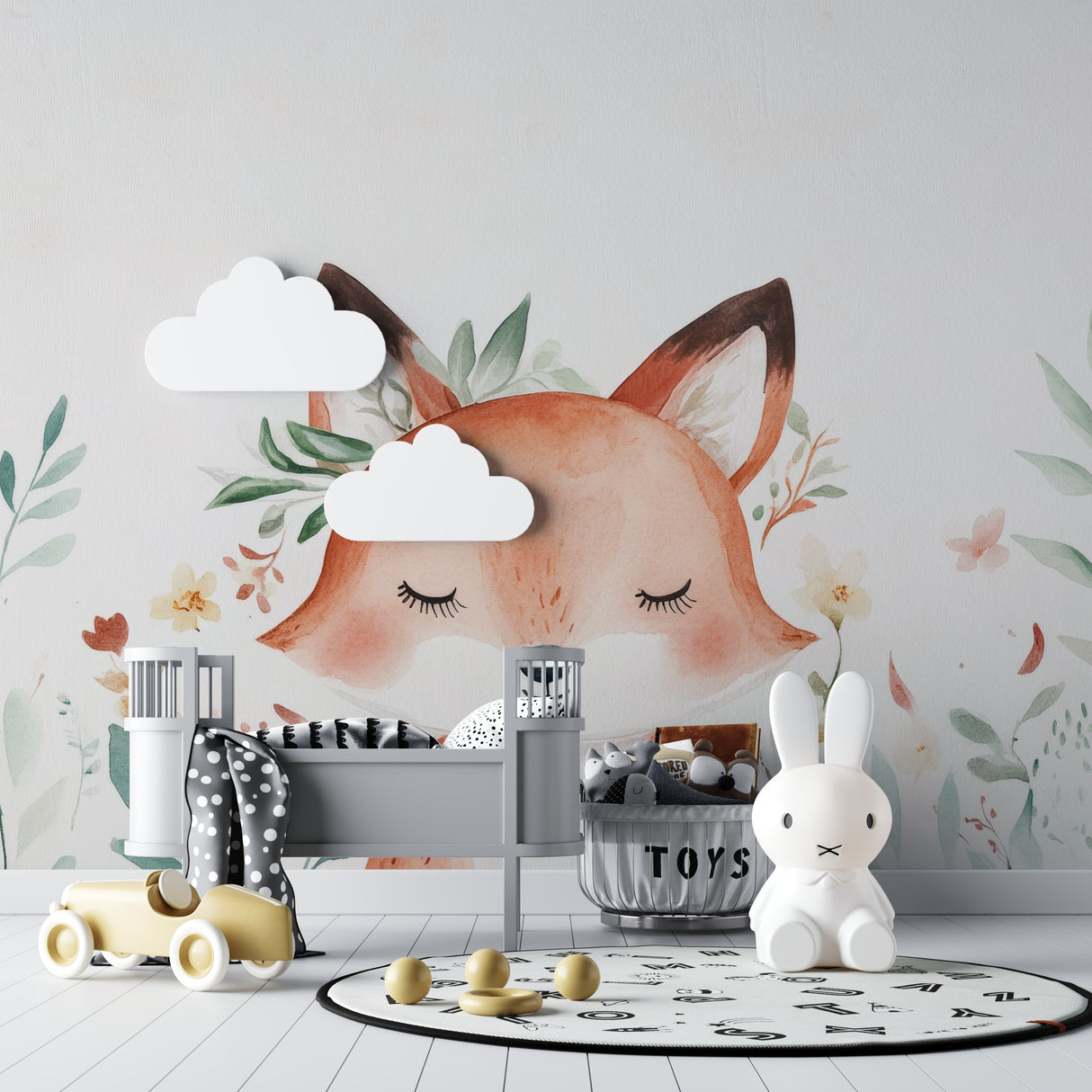 Forest animal wall mural featuring fox in playroom with natural light