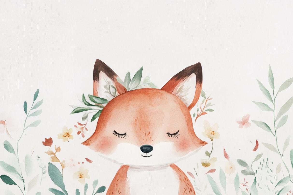 Design file of sleeping fox with floral elements and sage-green foliage on white background
