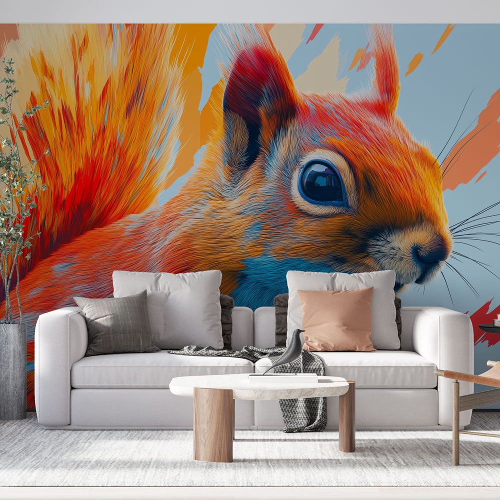 Modern Squirrel Wallpaper creating a bold artistic statement in a contemporary living room with orange and blue accents