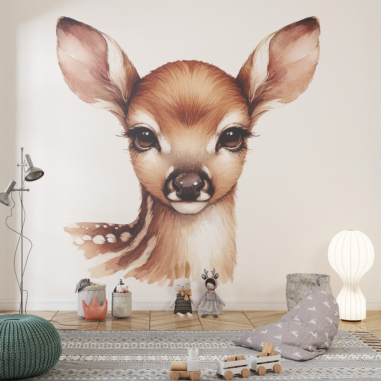Baby deer wallpaper mural styled in a bright nursery with white furniture and soft textiles, creating a peaceful woodland theme