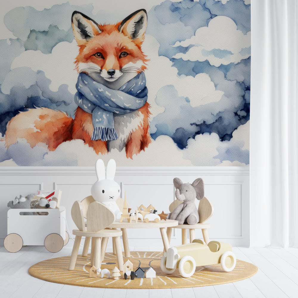 Woodland Fox Wallpaper bringing charm to a playroom with natural wood elements
