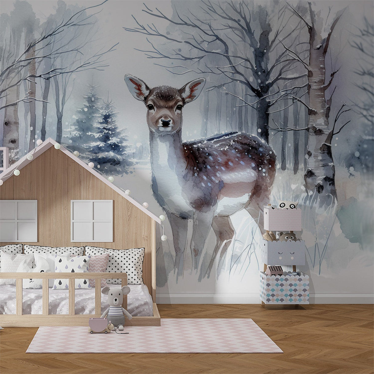 Winter forest wallpaper with deer shown in a cozy living room setting, soft lighting highlights the snowy woodland scene