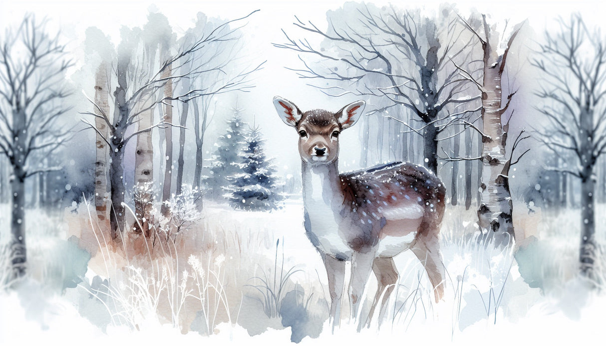 Winter forest deer wallpaper design file showing detailed watercolor artwork of gentle deer in snowy woodland