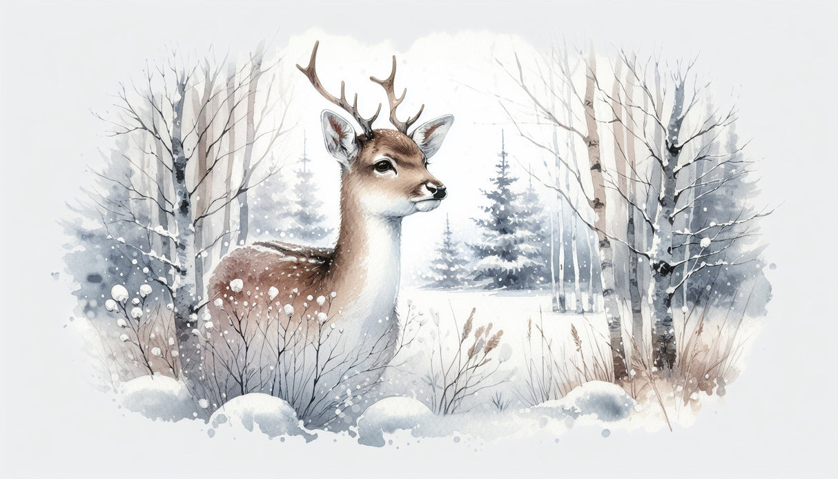 Winter deer forest wallpaper styled in a modern Scandinavian living room, creating a serene and cozy atmosphere