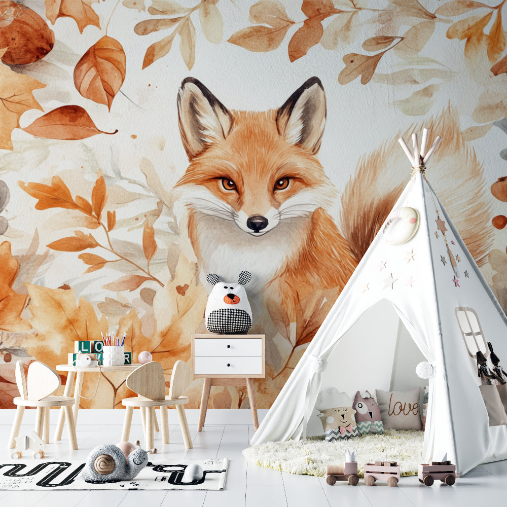 Forest fox wallpaper in cozy nursery setting with wooden crib and autumn decor