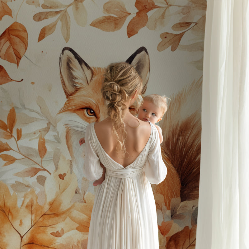 Autumn fox wallpaper in modern playroom setting with natural light