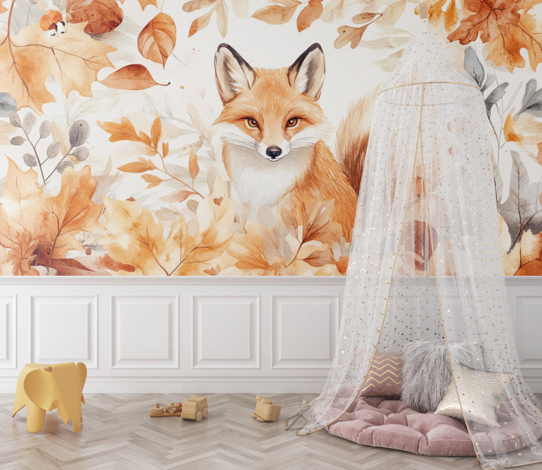 Forest animal mural in baby's room with matching furniture
