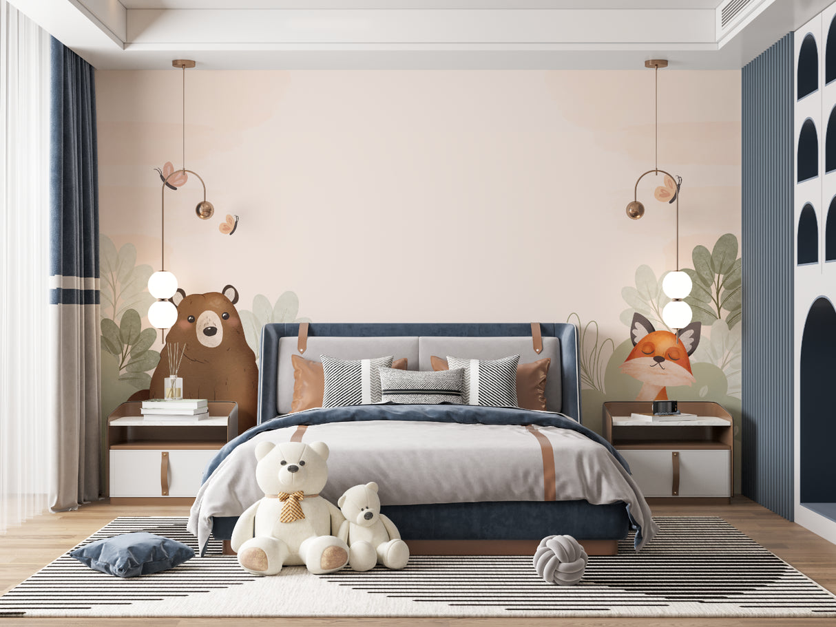 Forest Animal Mural in peaceful children's bedroom with natural decor